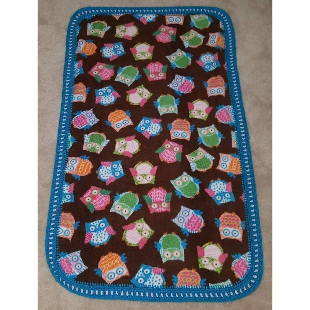 Brown Owls Baby Blanket Blue Minky Dot Crochet Trim Throw Lap Orange Blue Green